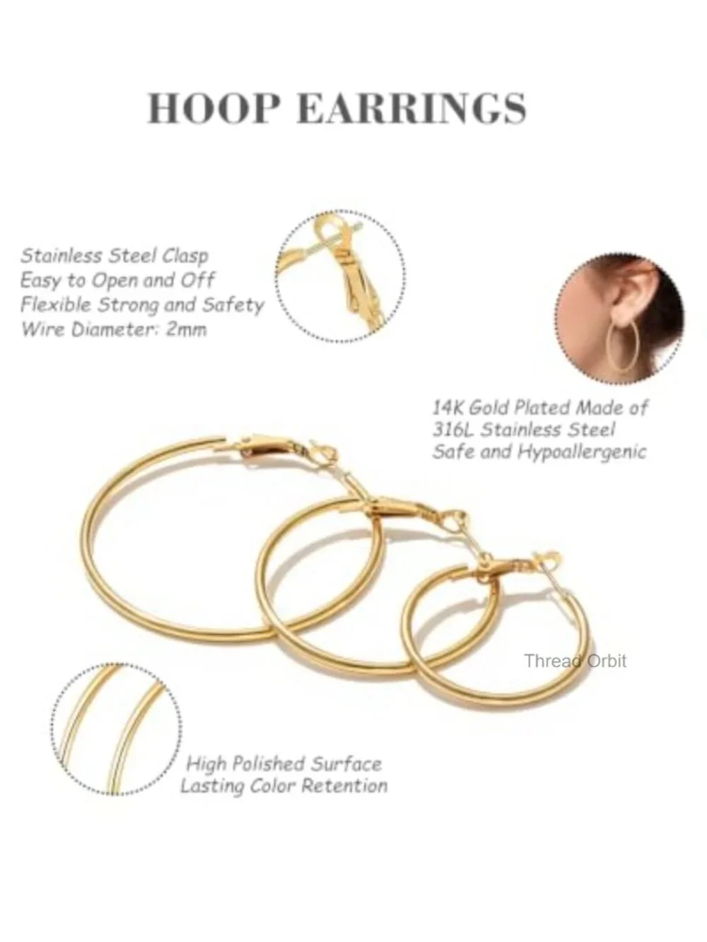 6 Pair Gold Silver Hoop Earrings Set 14K Gold Plated Stainless Steel